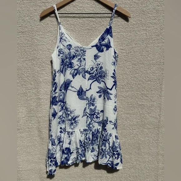 Lulus Garden Bloom White Floral Print Ruffled Shift Dress Blue Mini Small - Picture 3 of 9